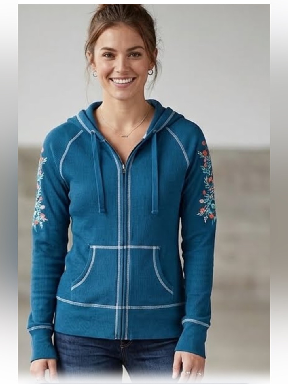 Aristide Women's Blue Thermal Hooded Zip Jacket with Floral Embroidery Size XL